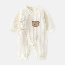 White Thickened Cotton Bodysuit romper with bear applique and long sleeves for cool-weather baby daily wear.