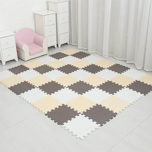 White, beige, and brown EVA foam puzzle mat with a soft touch surface for toddler play.