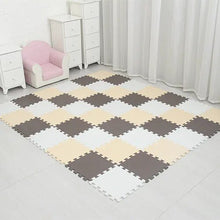 White, beige, and brown EVA foam puzzle mat with a soft touch surface for toddler play.