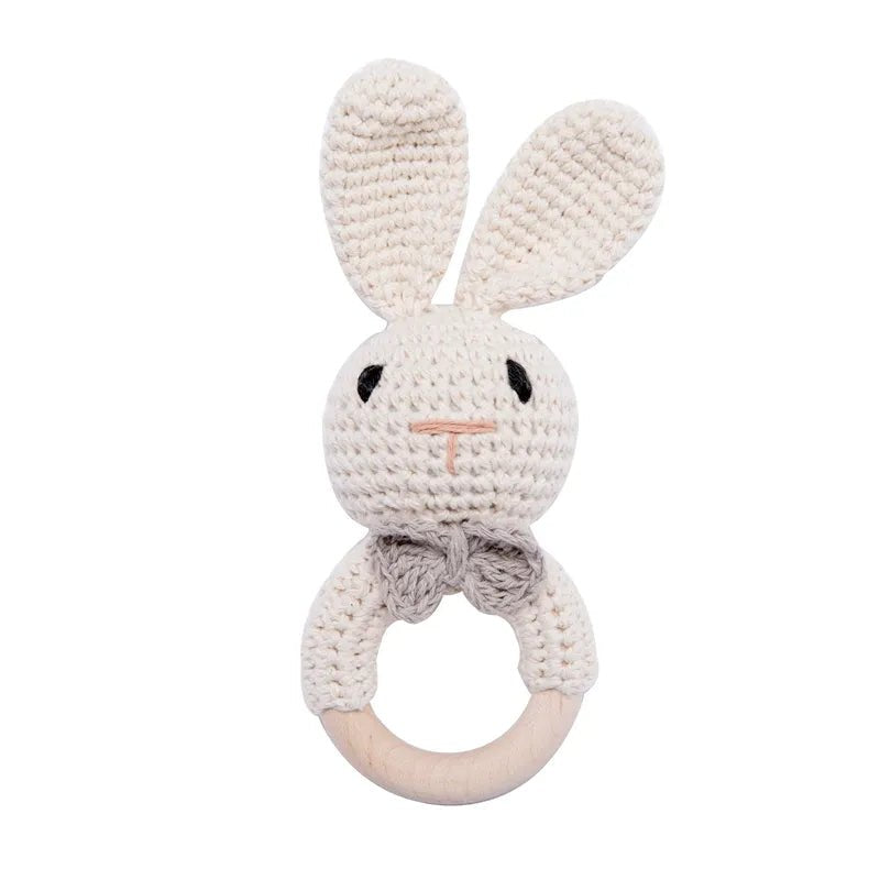 White Bunny Crochet Wooden Teether rattle variant for newborn gifting and gentle relief when teeth come through.