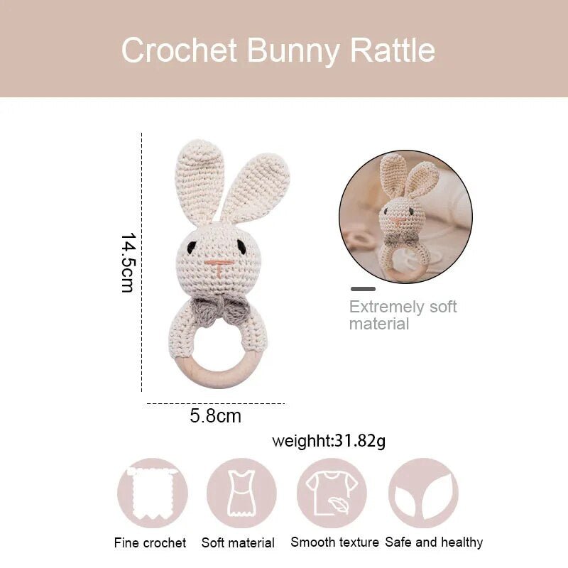 White Crochet Animal Wooden Teether for newborn gifting, gentle teething relief, and soft handheld play.