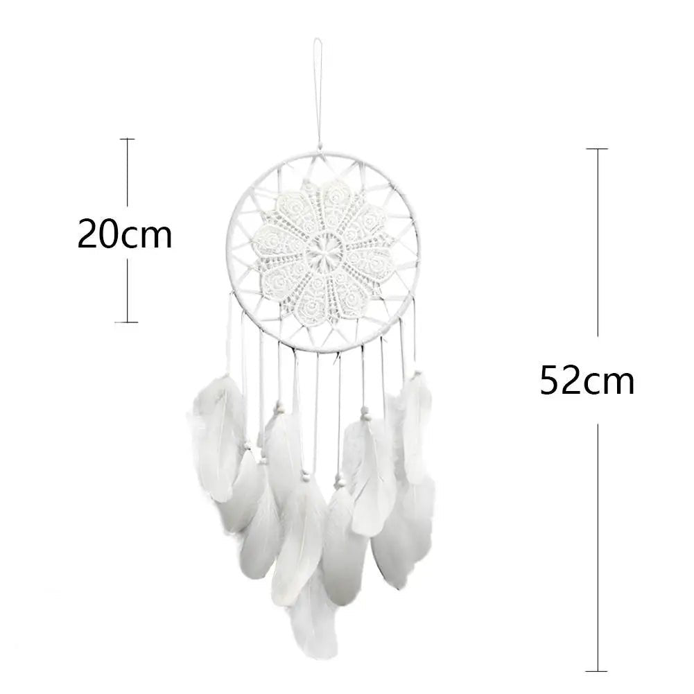 White rattan dream catcher for ethnic wall hanging, labeled with full dimensions.