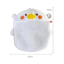 White duck mesh bath toy pouch with a size chart for choosing the right storage bag.