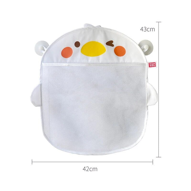 White duck mesh bath toy pouch with a size chart for choosing the right storage bag.