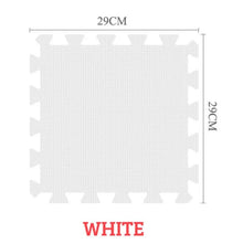 White EVA foam puzzle mat 12-piece set shown for a compact baby play corner.