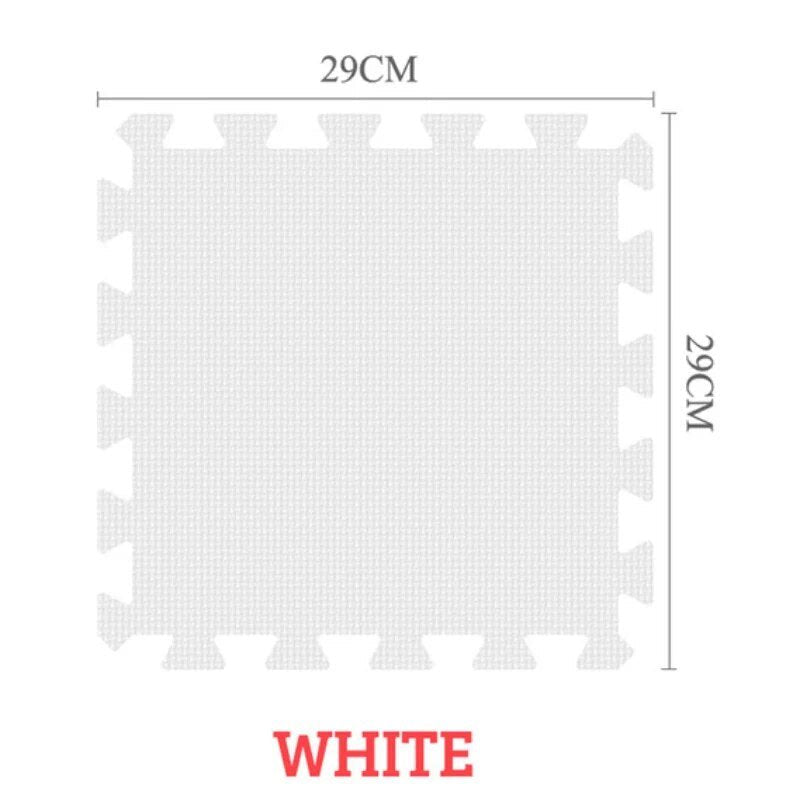White EVA foam puzzle mat 36-piece set shown for covering a large play floor area.