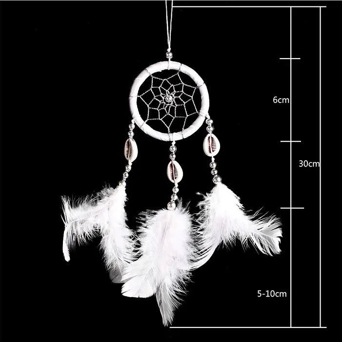 White feather and bead dream catcher in a tribal rattan design with measurement details.