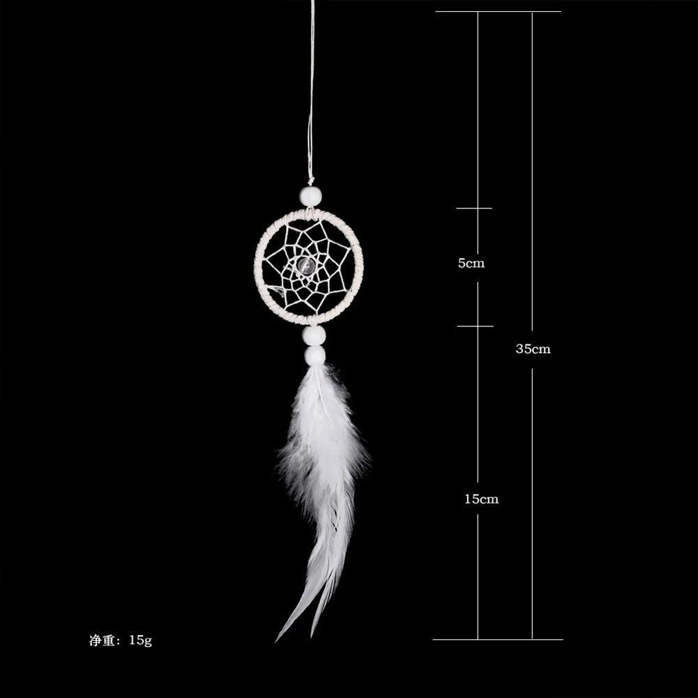 White feather dream catcher handmade in a traditional boho rattan style.