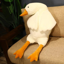 Lifelike White Goose Stuffed Animal Toy displayed on a chair for nursery decor and play.