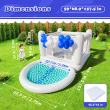 White Kids Bounce House with Pump inflatable play structure shown with size dimensions for backyard setup planning.