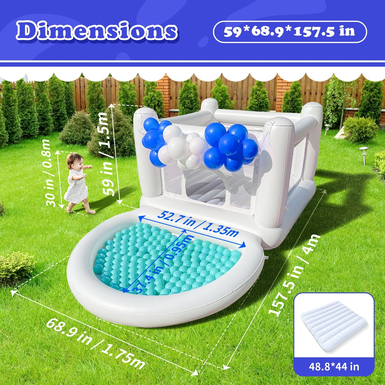 White Kids Bounce House with Pump inflatable play structure shown with size dimensions for backyard setup planning.