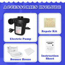 White Kids Bounce House with Pump accessory kit with instruction sheet for quick assembly and safe play.