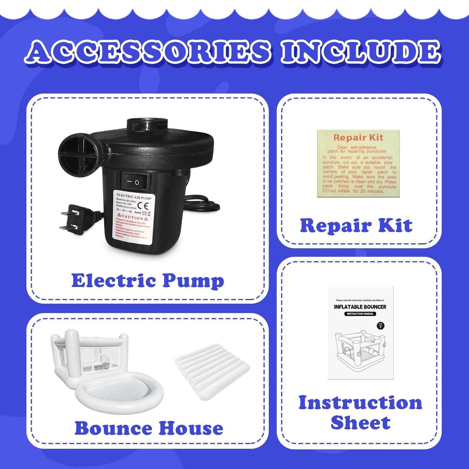 White Kids Bounce House with Pump accessory set including electric pump and repair kit for easy setup.