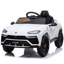 Angled view of the white 12V battery ride-on car for kids to drive on patios and paved play areas.