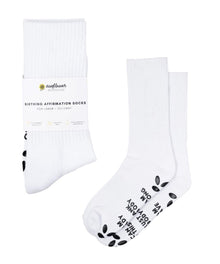 White labor and delivery affirmation socks with bold black text for hospital bag essentials.