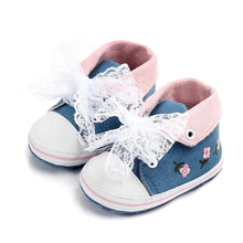 Breathable upper fabric close-up of the white lace baby girl shoes, keeping little feet cool during summer outings.