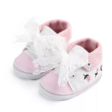 White Lace Floral Baby Girl Shoes soft prewalkers in a third detail view for daily wear consideration.