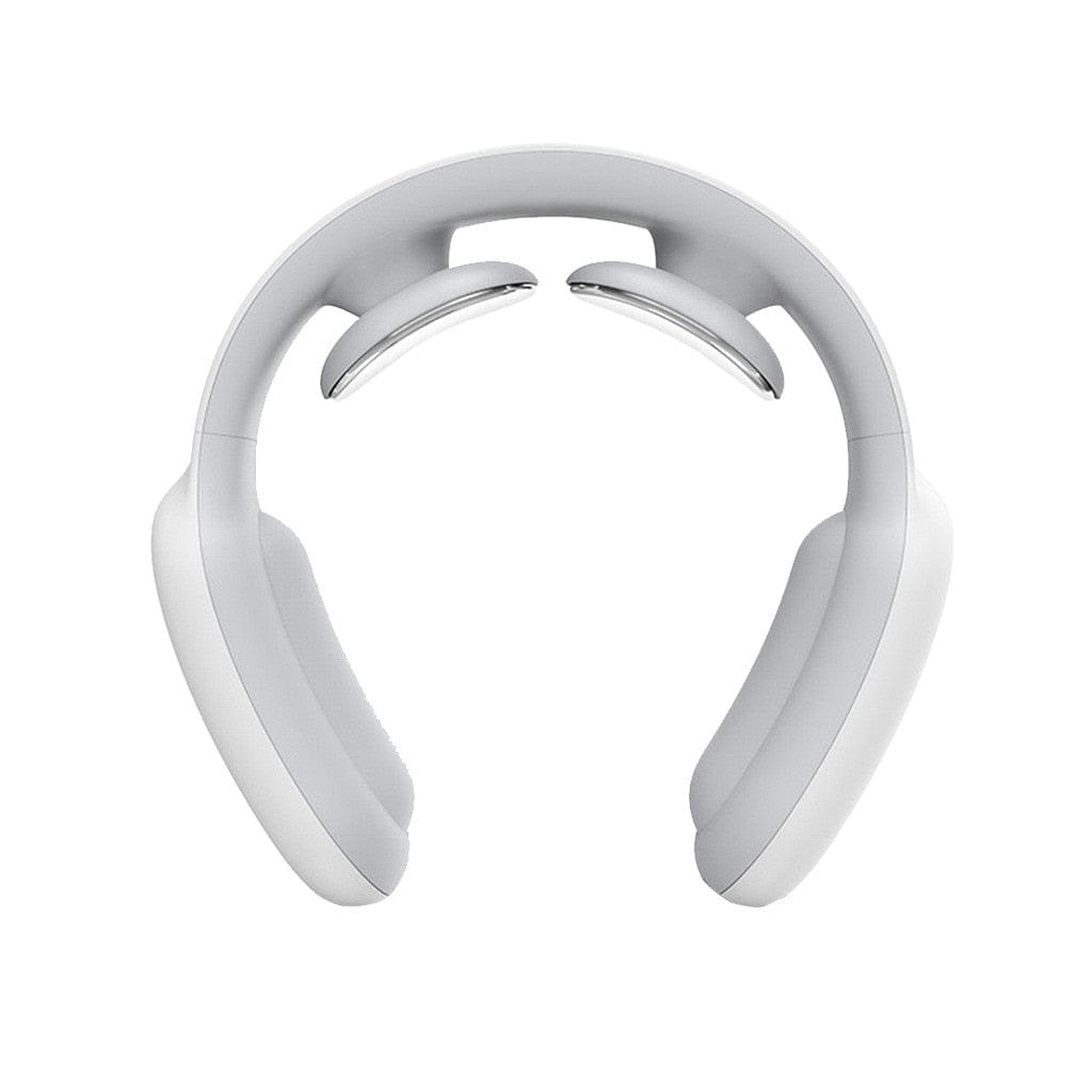 Lightweight white neckband massager designed for hands-free wearing during rest, reading, and screen breaks.