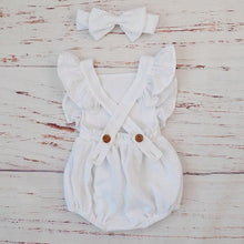 Close-up of the white organic cotton baby romper buttons and ruffles that make dressing and nappy changes easier.