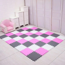 White, pink, and gray EVA foam puzzle mat 24-piece set shown for a larger baby play zone.