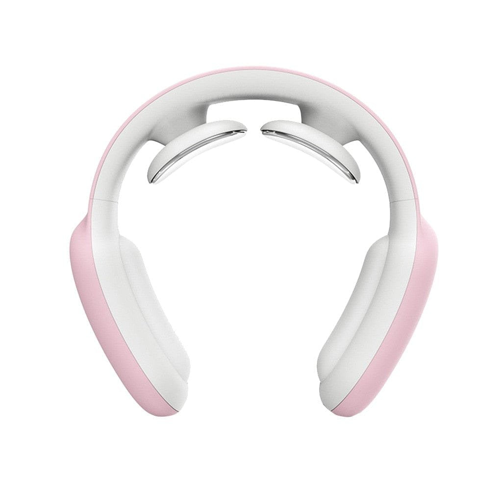 White and pink compact wearable neck and shoulder massager for quick relaxation sessions at home or the office.