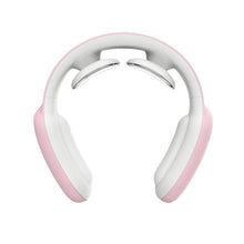 White and pink compact wearable neck and shoulder massager for quick relaxation sessions at home or the office.