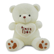 Detail of the white plush bear and its I Love You heart, a soft stuffed toy for comforting hugs and gifting.