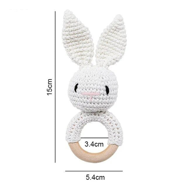 White rabbit cloud crochet wooden baby rattle and teether ring, a neutral colour option for newborn gifts.