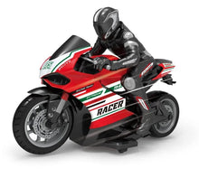 White remote control motorcycle with rider model, a kids toy for stunt riding and after-school play.