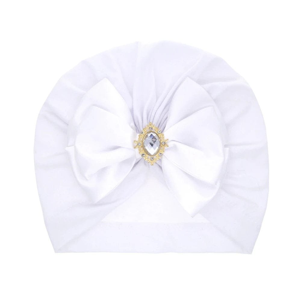 White rhinestone brooch baby turban in soft cotton for comfortable daily wear and dressy occasions.