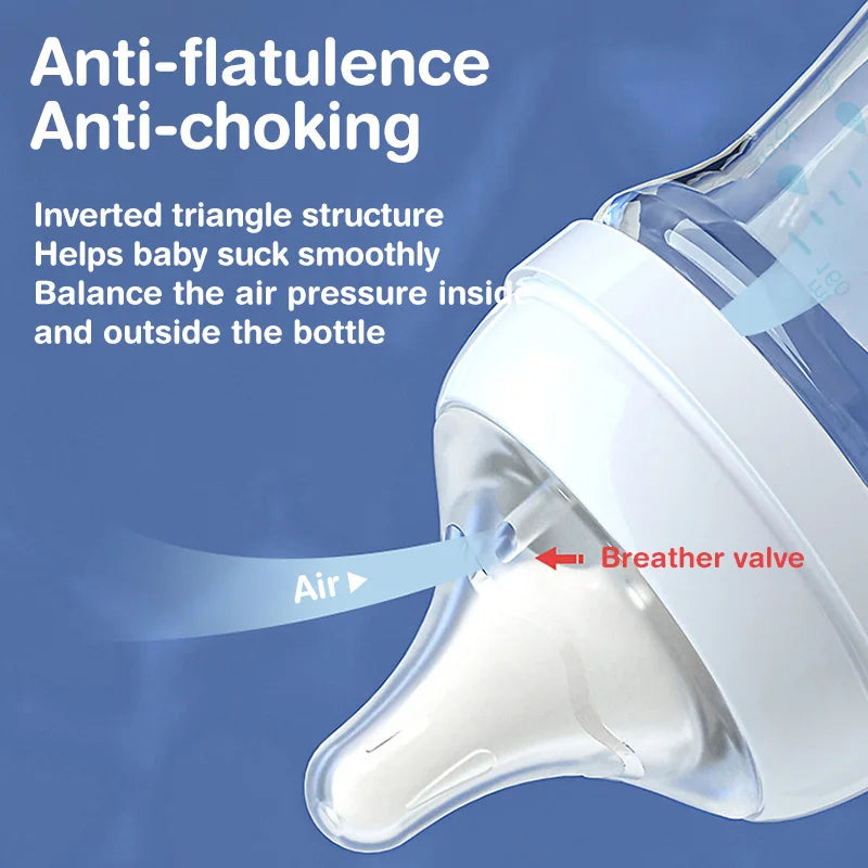 Wide-neck anti-colic glass baby bottle with features highlighted for reducing gas and fussy feeding.