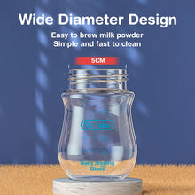 Anti-colic vent system detail on the wide-neck glass baby bottle for reducing swallowed air during feeds.