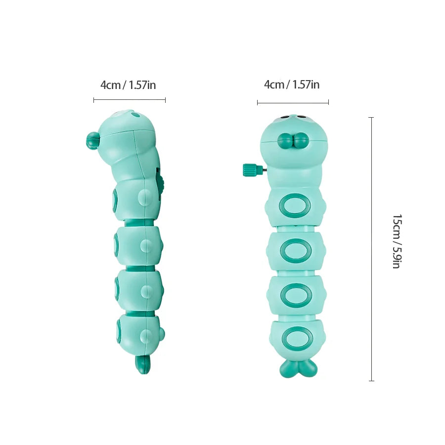 Mint green wind-up caterpillar toy with size dimensions of 15 cm long and 4 cm wide
