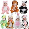 Collage of babies in winter flannel animal rompers, showing hooded onesie designs for cosy indoor and outdoor wear.
