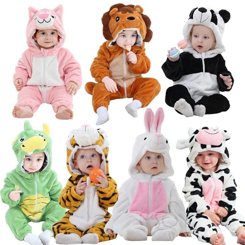 Collage of babies in winter flannel animal rompers, showing hooded onesie designs for cosy indoor and outdoor wear.