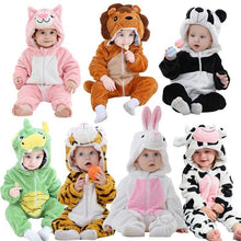 Collage of babies in winter flannel animal rompers, showing hooded onesie designs for cosy indoor and outdoor wear.