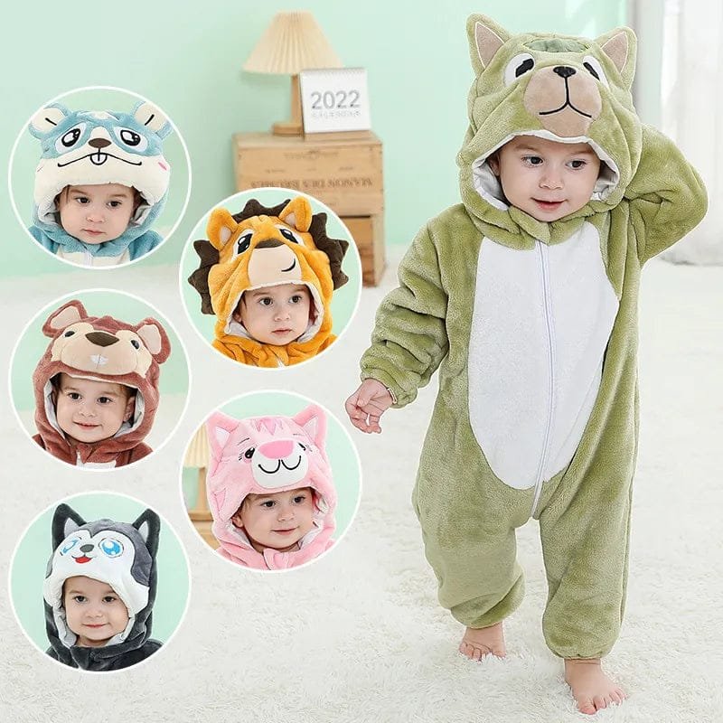 Green animal winter flannel romper with colour option insets, hooded onesies for infants and toddlers in cold weather.
