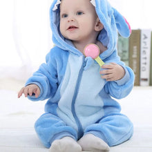 Blue bunny ear winter flannel romper baby in a seventh studio photo rounding out the gallery view.