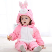 Soft flannel fabric of the pink bunny winter romper, a warm material choice for infant and toddler winter wear.