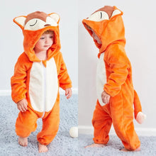 Toddler in the orange fox winter flannel romper, a hooded onesie for chilly mornings and cosy indoor play.