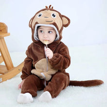 Child in the brown monkey winter flannel romper, a hooded animal onesie for winter dress-up and daily warmth.