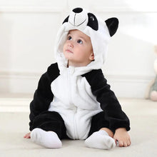Panda winter flannel romper baby on a white surface in a third photo showing the hooded animal design.