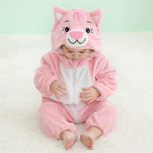 Baby girl in the pink cat winter flannel romper, a soft hooded onesie for bedtime warmth and winter photos.