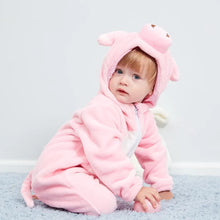 Pink hooded winter flannel romper baby on a gray background in a third photo showing the ear hood detail.