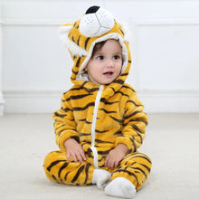 Winter flannel tiger romper baby hooded onesie in a third studio photo for parents checking sizing.