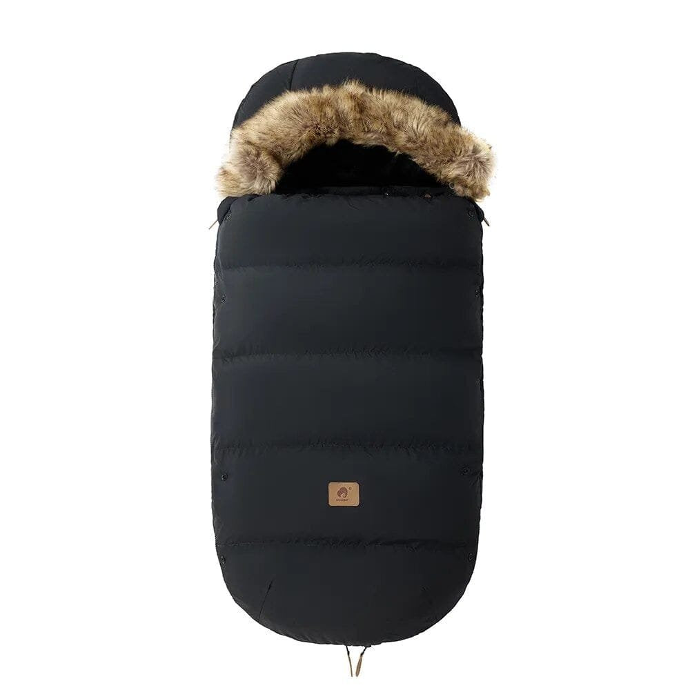 Black puffer winter stroller footmuff with fur hood, a windproof layer for babies on frosty walks and outings.