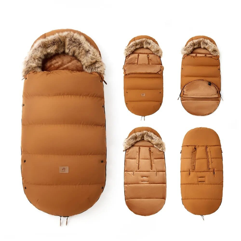 Brown winter stroller footmuff with fur trim, a padded pram cover for keeping infants warm during winter errands.
