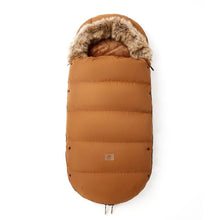 Brown puffer quilted winter stroller footmuff, a pram warmer that shields babies from wind on daily outings.