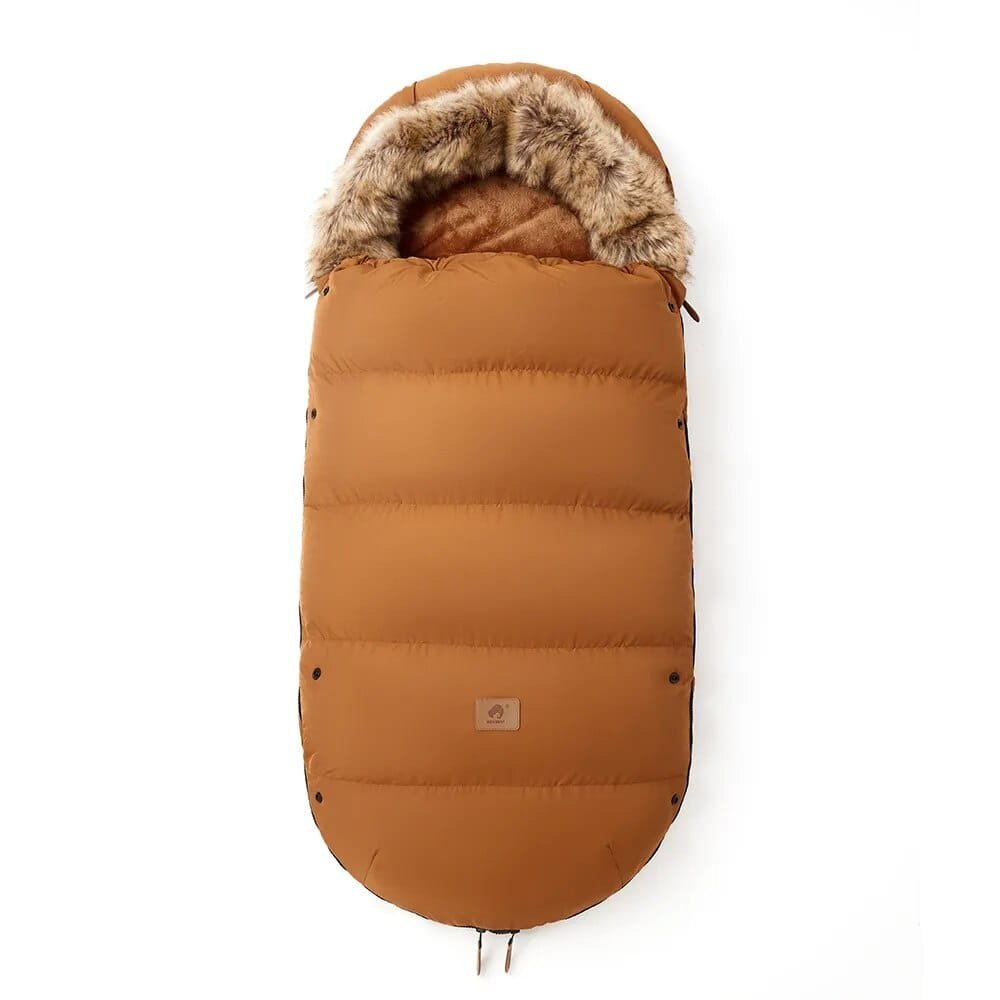 Brown puffer quilted winter stroller footmuff, a pram warmer that shields babies from wind on daily outings.