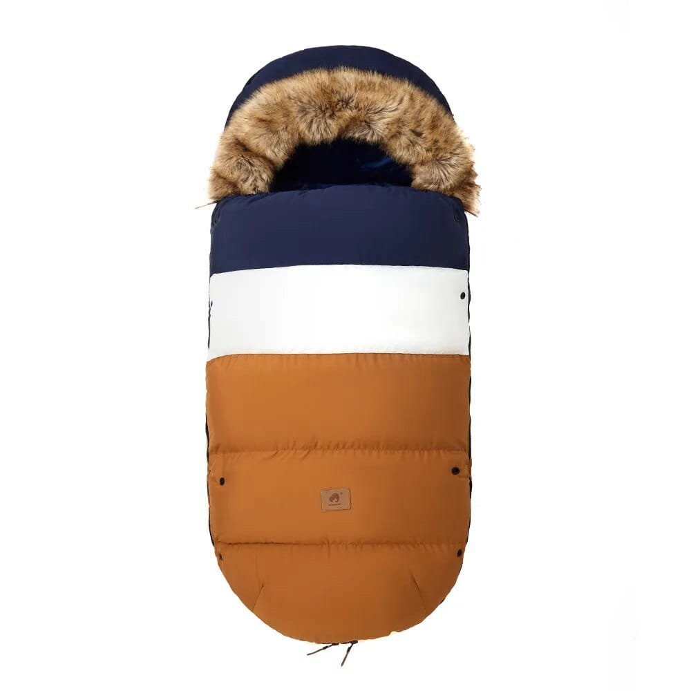 Multicolour winter stroller footmuff with fur trim, a sleep sack style cover for outdoor naps in cold weather.